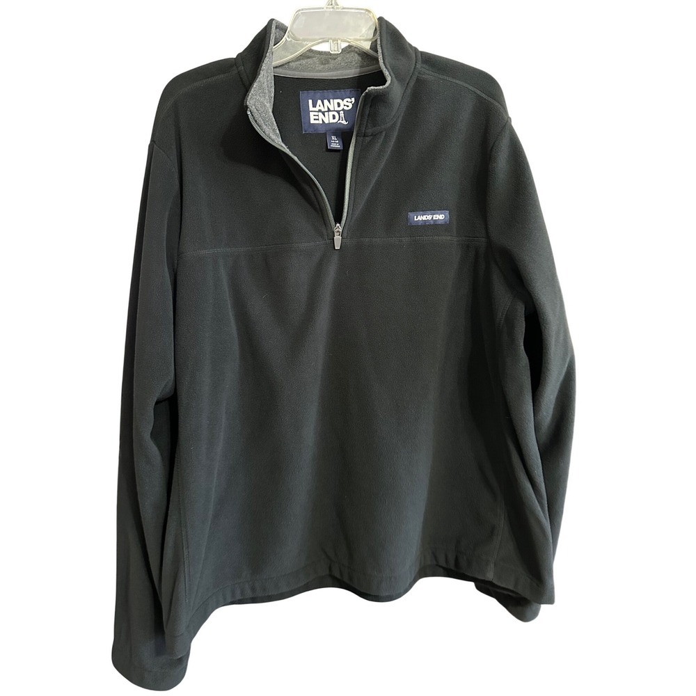 Lands End Mens XL Black Fleece Quarter Zip Pullover Sweater‎ Mock Neck 46-48